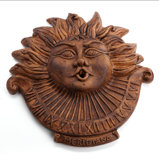 Meridiana da Parete in Terracotta effetto invecchiato– Forma di Sole, Orologio Solare Decorativo per Esterni