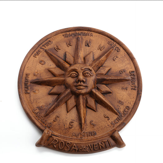 Rosa dei venti maschera in terracotta smaltata stile antico decorazione parete