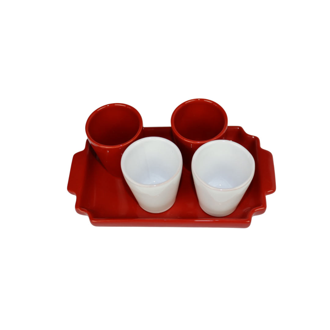 Servizio bicchierini in ceramica natalizia, Vasoio con 4 bicchierini di amaro rossi e bianchi