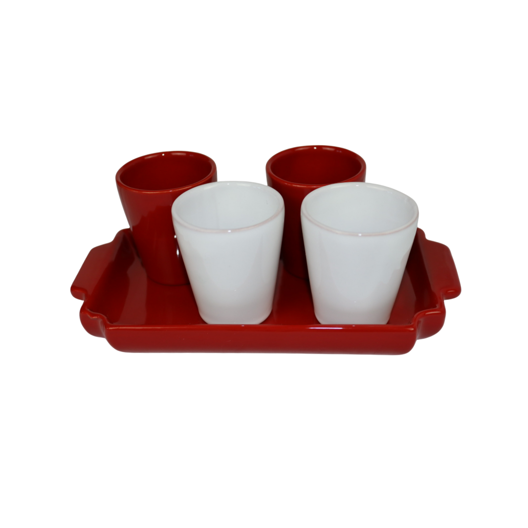 Servizio bicchierini in ceramica natalizia, Vasoio con 4 bicchierini di amaro rossi e bianchi